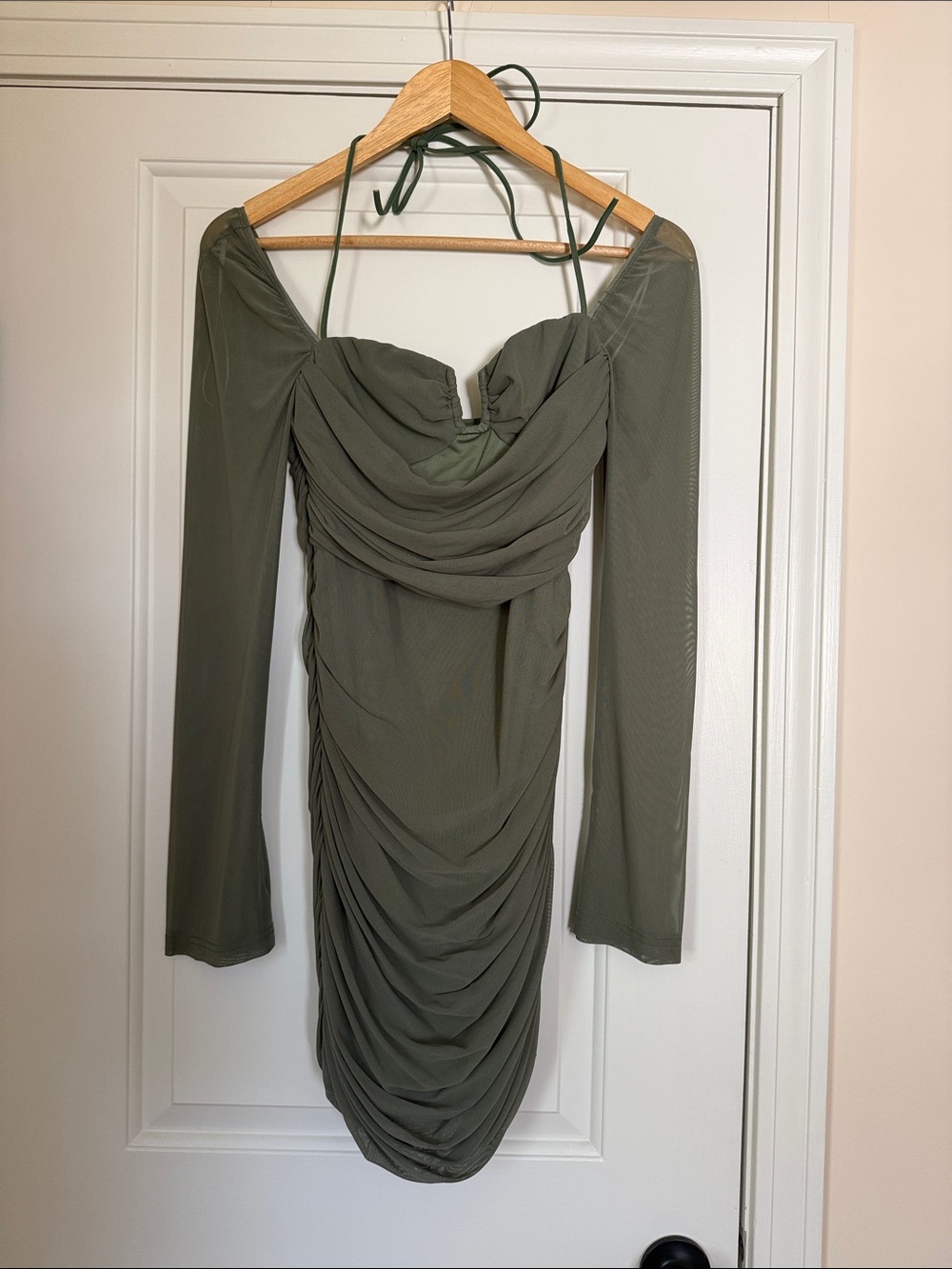 Olive Green Ruched Long Sleeve Mini Dress
